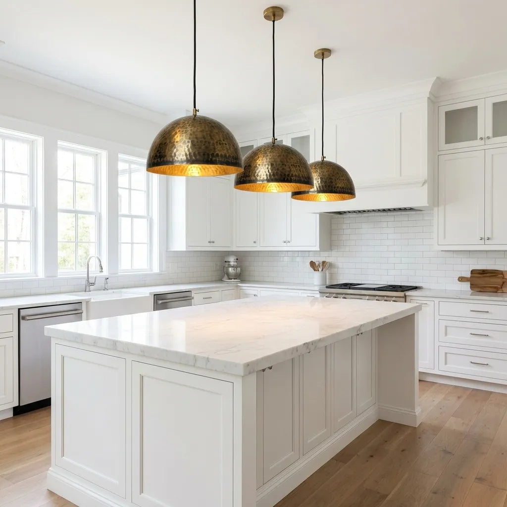 Handcrafted Hammered Brass Dome Pendant Light – Antique Aged Ceiling Lamp Kitchen Island