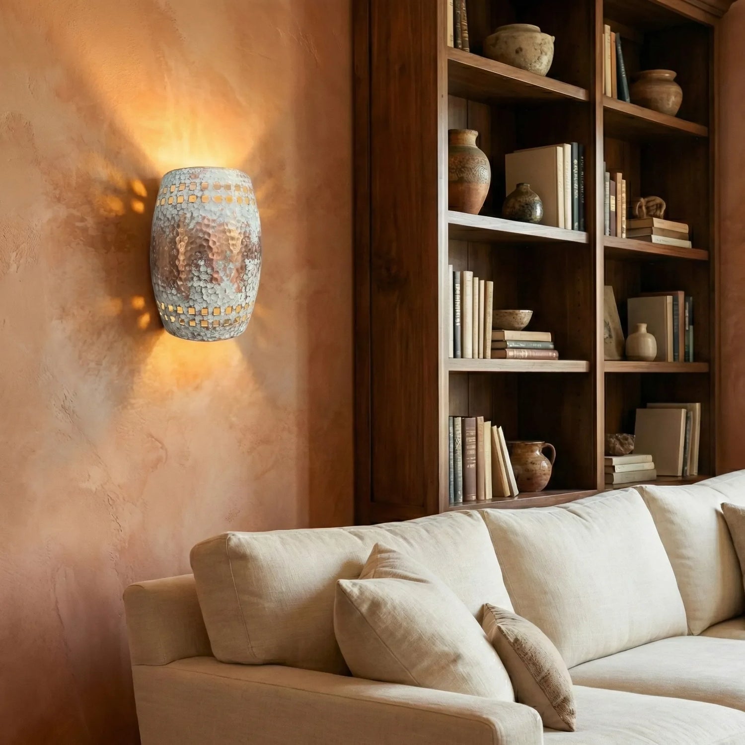 Hammered Copper Wall Sconce – White Patina Square Cutout Shade