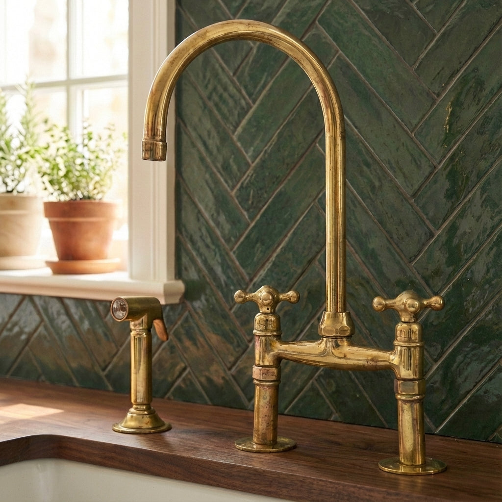 Traditional High-Arc Unlacquered Brass Bridge Kitchen Faucet