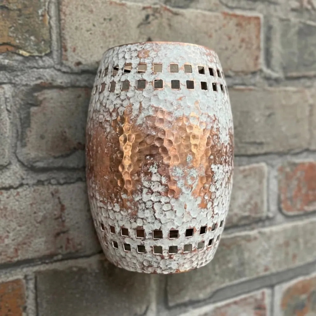 Hammered Copper Wall Sconce – White Patina Square Cutout Shade