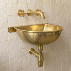 Unlacquered Brass Wall Sink – Hammered Bathroom Basin with FaucetHandmade Unlacquered Brass Wall Sink with Faucet – Hammered Basin