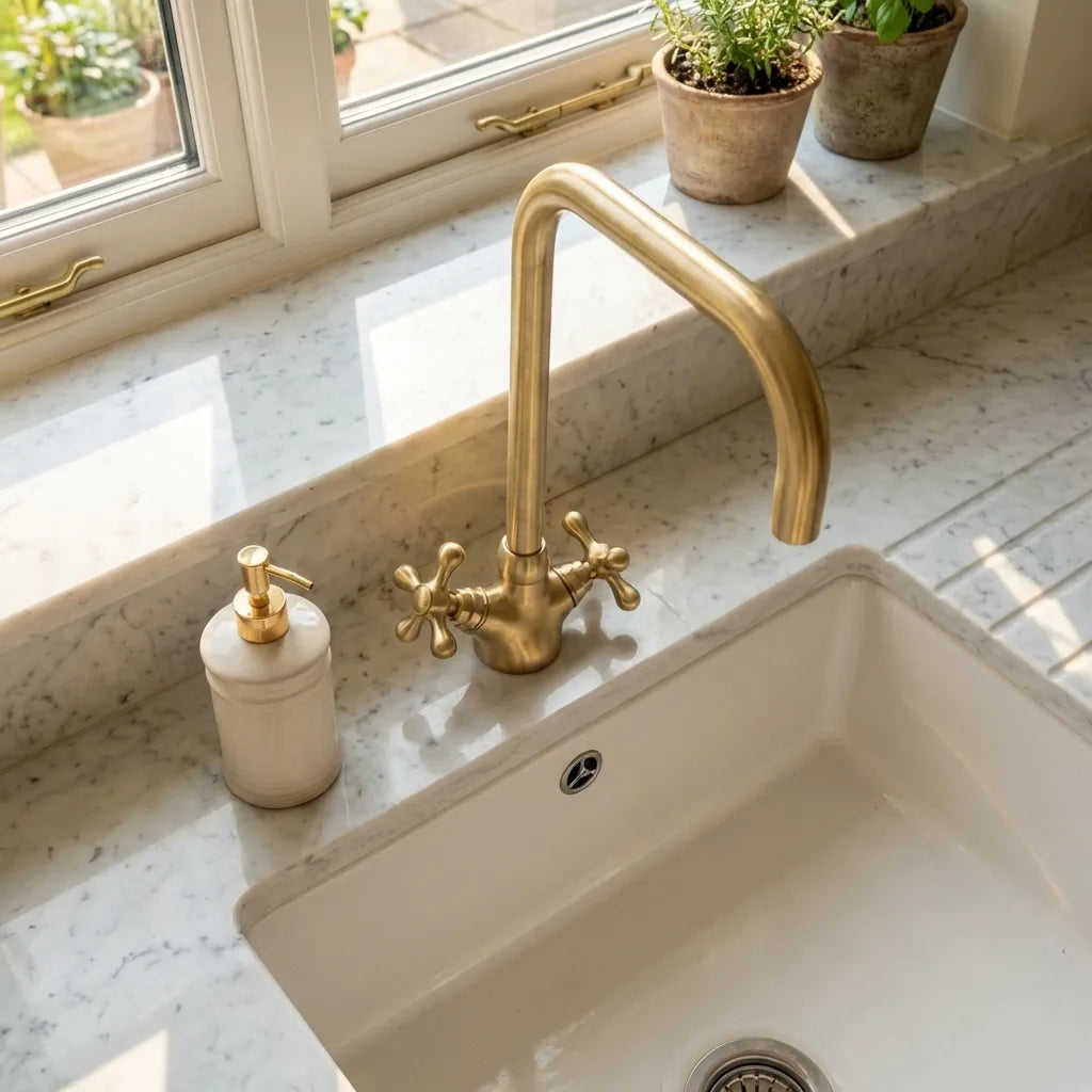 Solid Brass Gooseneck Bathroom Faucet Single Hole With Cross Handles