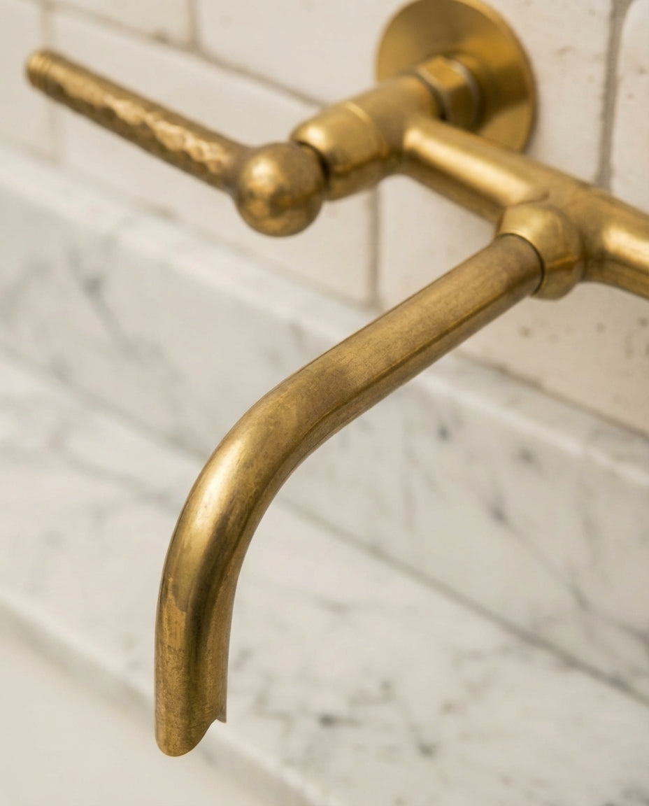 Unlacquered Brass Wall Faucet – Hammered Lever Handle Basin Mixer