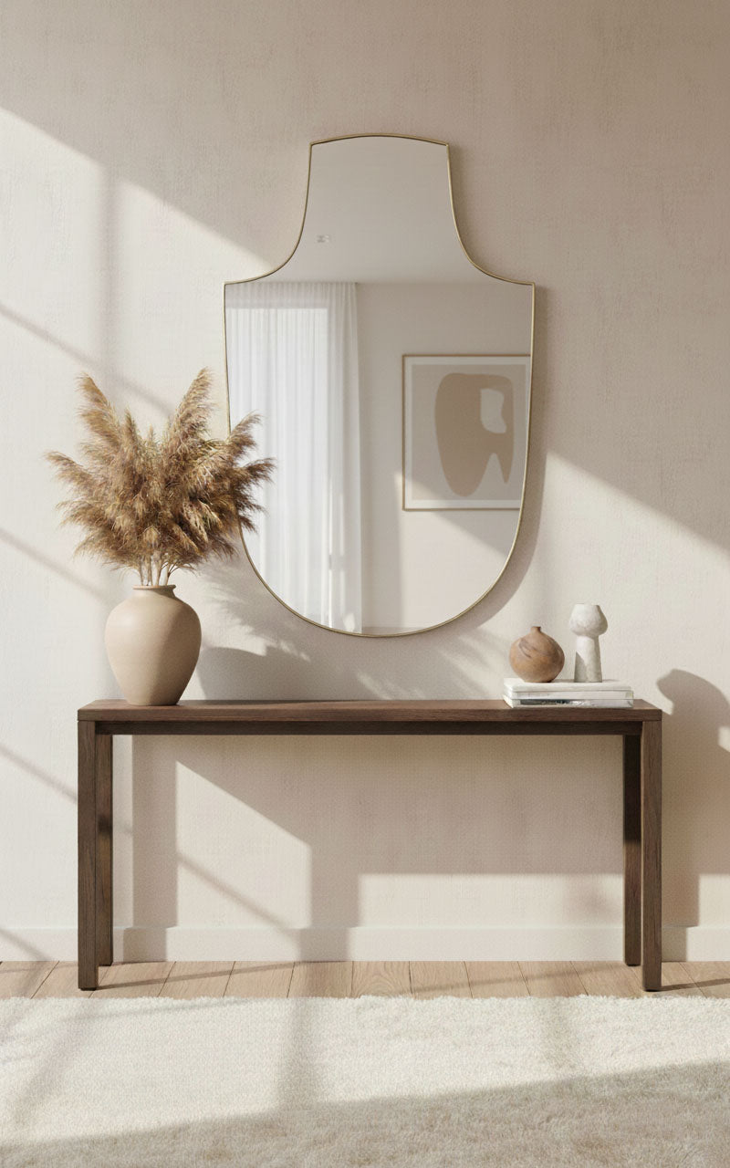 Varaudu Arch Top Shield Bathroom Brass Mirror - Antique Brass Bathroom Mirror, Vanity Wall Decor