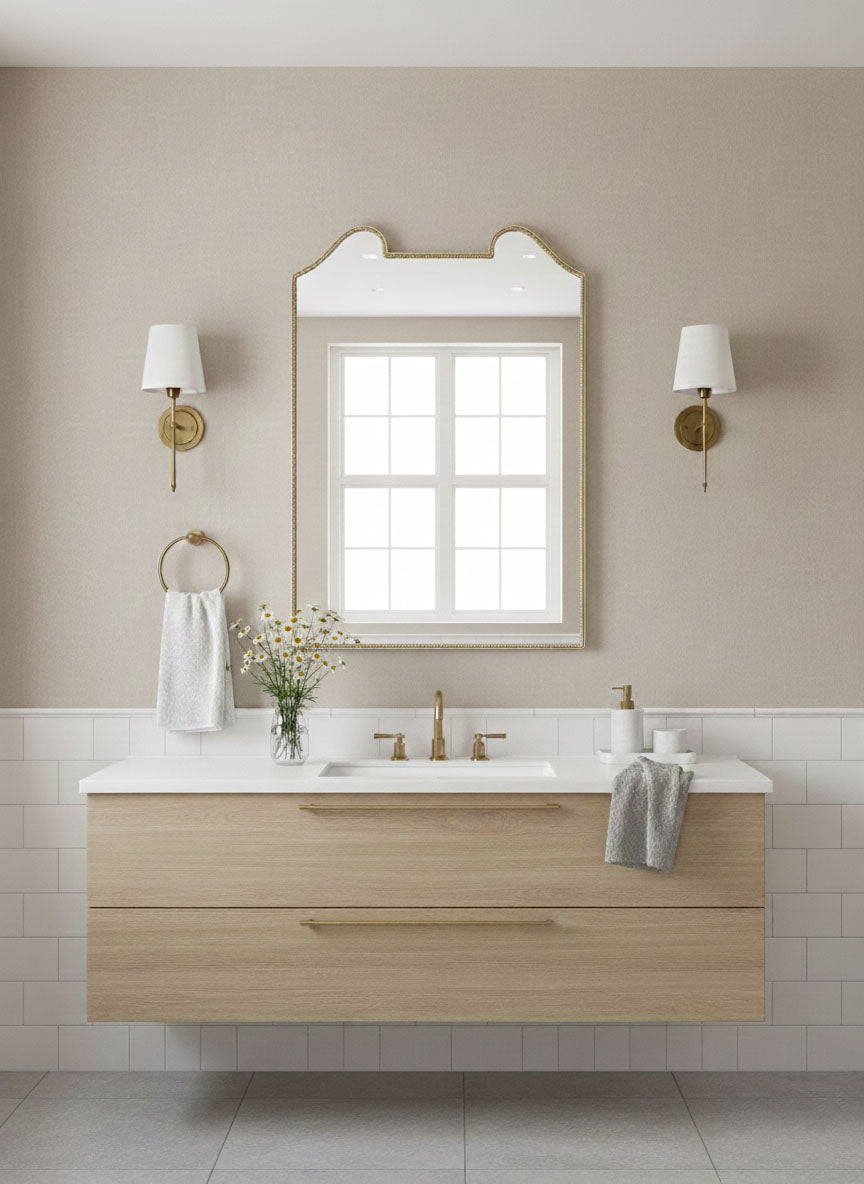 Varaudu Double Arch Crest Brass Mirror - Antique Brass Bathroom Mirror, Vanity Wall Decor
