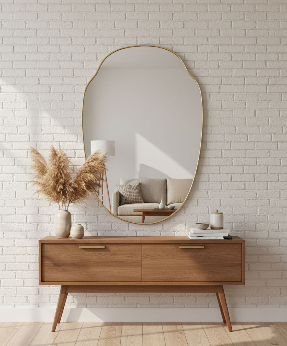 Varaudu Pebble Crest Mirror Modern Brass Wall Decor - Antique Brass Bathroom Mirror, Vanity Wall Decor