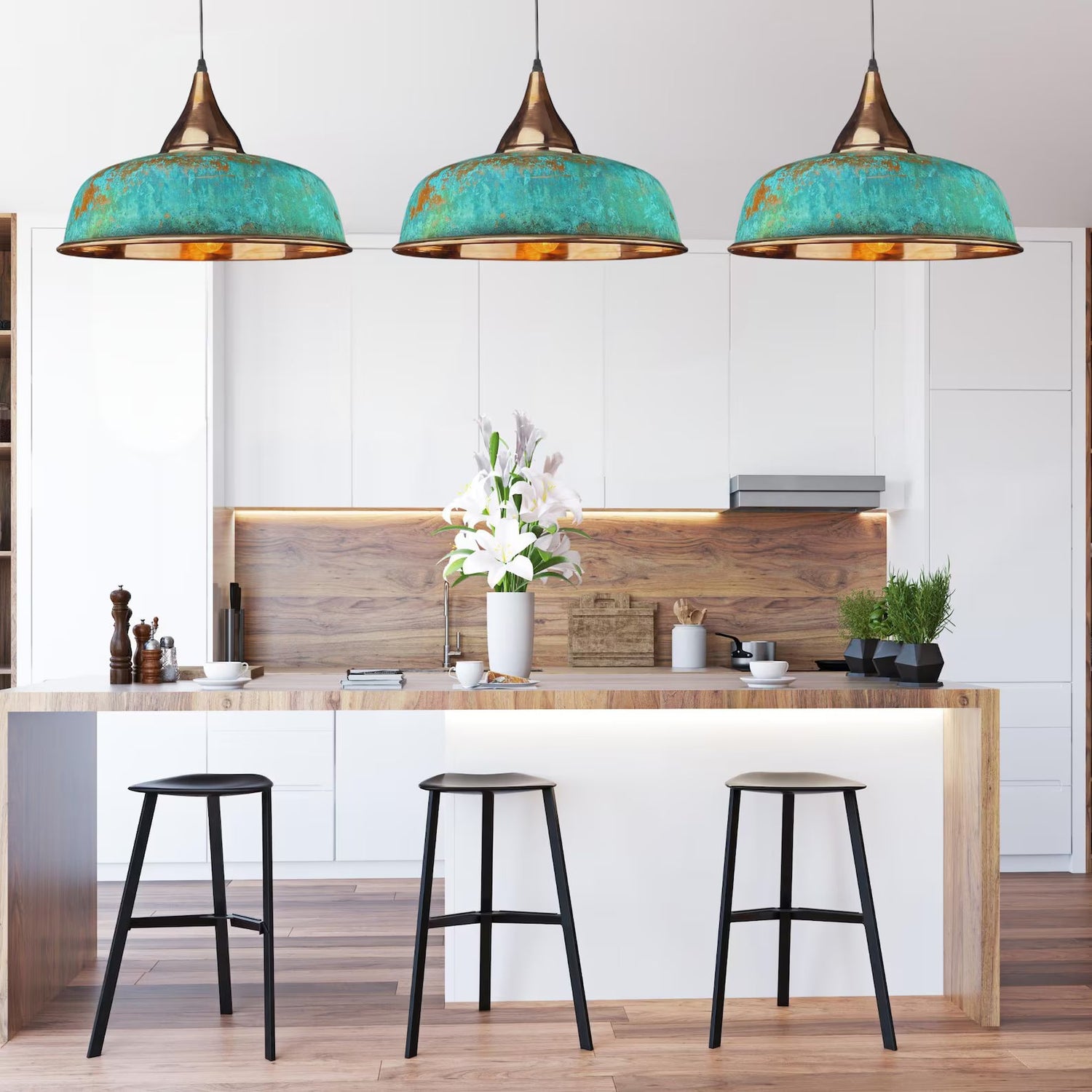Handmade Oxidized Copper Pendant Light - Green Patina Dome Lamp