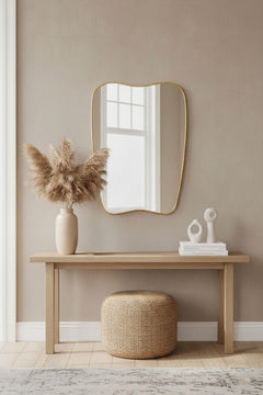 Varaudu Modern Curved Brass Mirror Handmade Wall Mirror - Antique Brass Bathroom Mirror, Vanity Wall Decor
