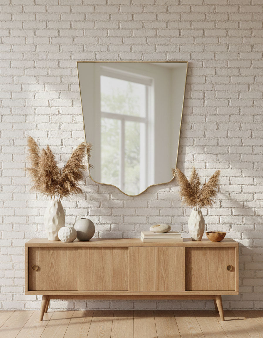 Varaudu Minimal Crest Edge Mirror Handmade Brass Mirror - Antique Brass Bathroom Mirror, Vanity Wall Decor