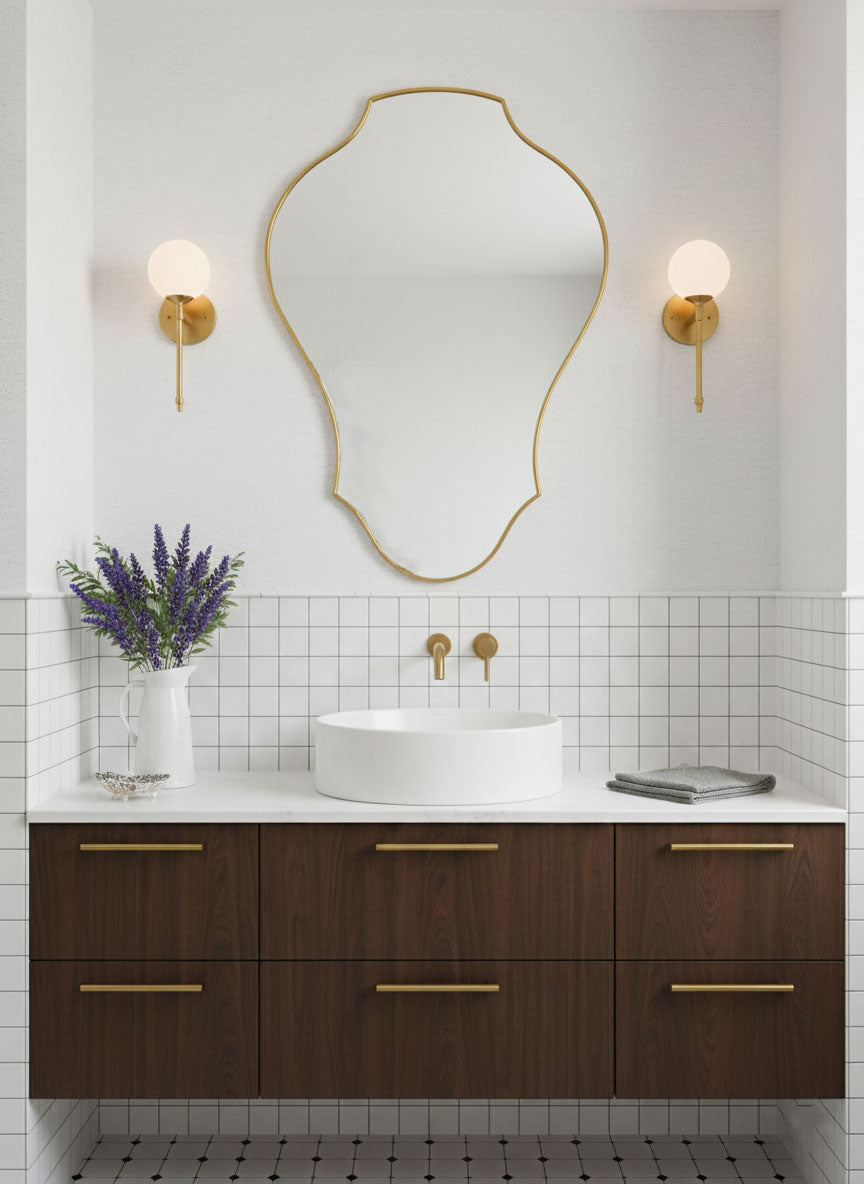 Varaudu Curved Tulip Shield Mirror Unlacquered Brass Mirror - Antique Brass Bathroom Mirror, Vanity Wall Decor