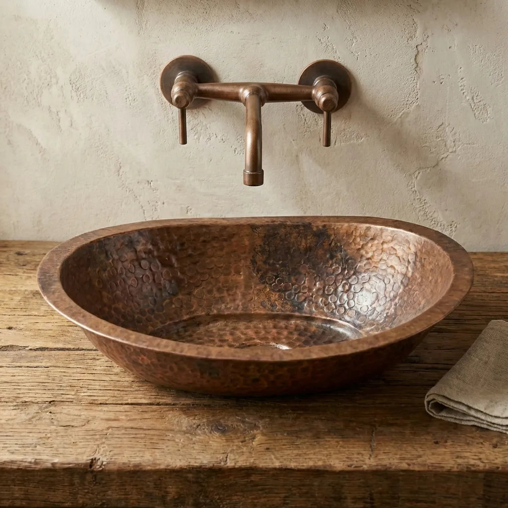 Aged Copper Vessel sink Bathroom, Hammered Oval Bathroom Sink