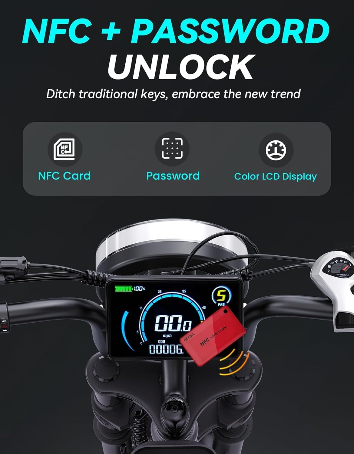 Electric Bicycle with Removable Battery, Dual Suspension, 7-Speed Gears, 20-Inch Fat Tires, LCD Display, Adult Use