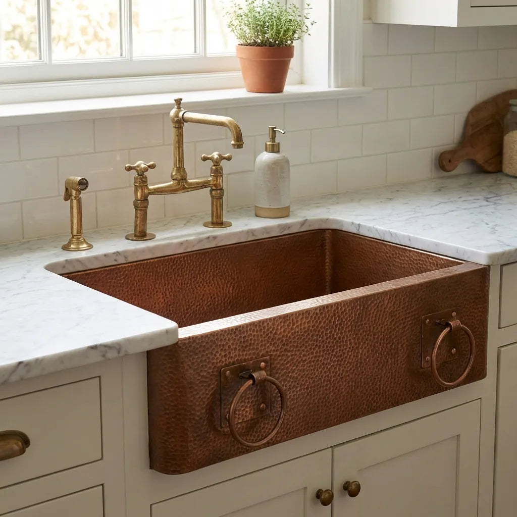 Hammered Copper Single-Bowl Farmhouse Sink with Rings - Ryla