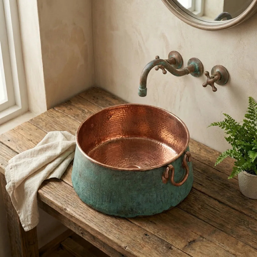 Bucket Vessel Sink Green patina Copper Bathroom Sink with Handles