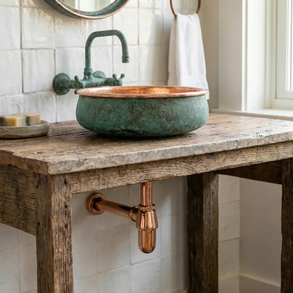 Hammered Copper Vessel Sink – Oxidized Verdigris Bathroom Basin
