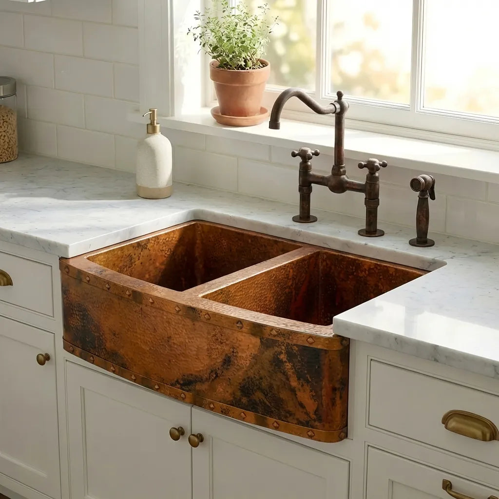 Rounded Copper Farmhouse Double Apron Kitchen Sink - Livra