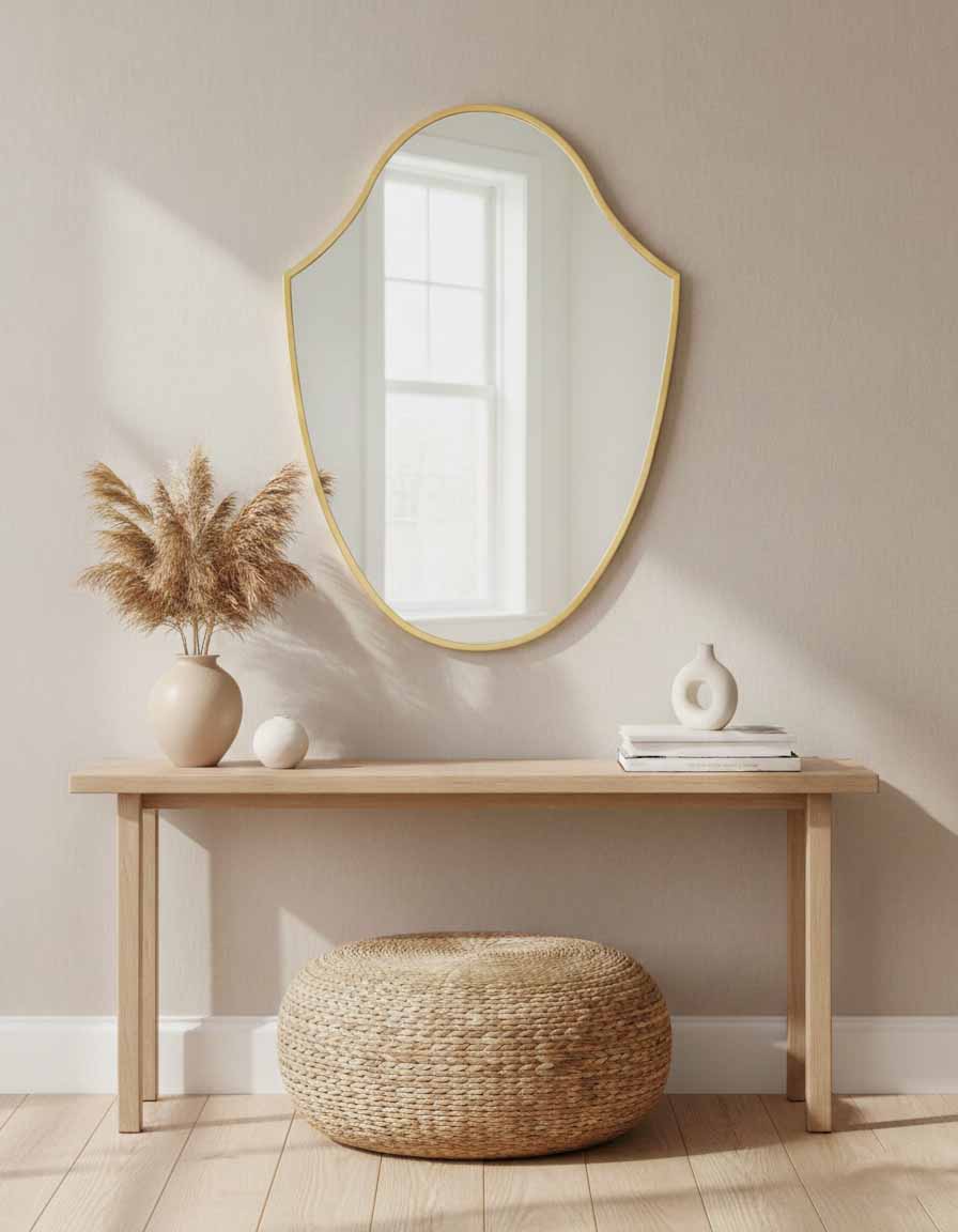 Varaudu Italian Shield Form Brass Wall Mirrors - Antique Brass Bathroom Mirror, Vanity Wall Decor