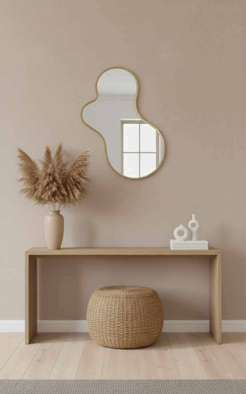 Varaudu Amoeba Brass Wall Mirror - Antique Brass Bathroom Mirror, Vanity Wall Decor