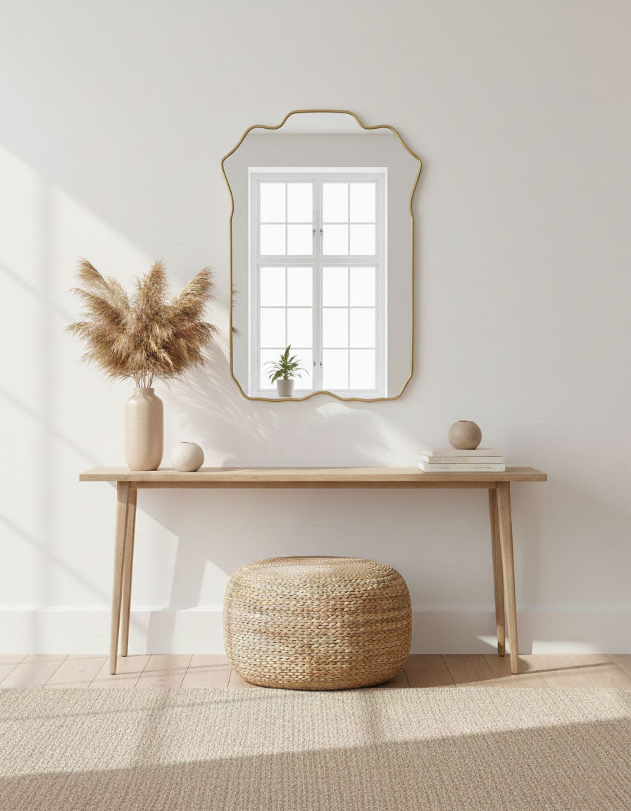 Varaudu Rectangle Brass Mirror Handmade Scalloped Vanity Mirror - Antique Brass Bathroom Mirror, Vanity Wall Decor