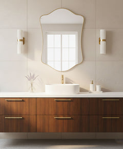 Varaudu Wavy Shield Mirror Handmade Brass Mirror - Antique Brass Bathroom Mirror, Vanity Wall Decor
