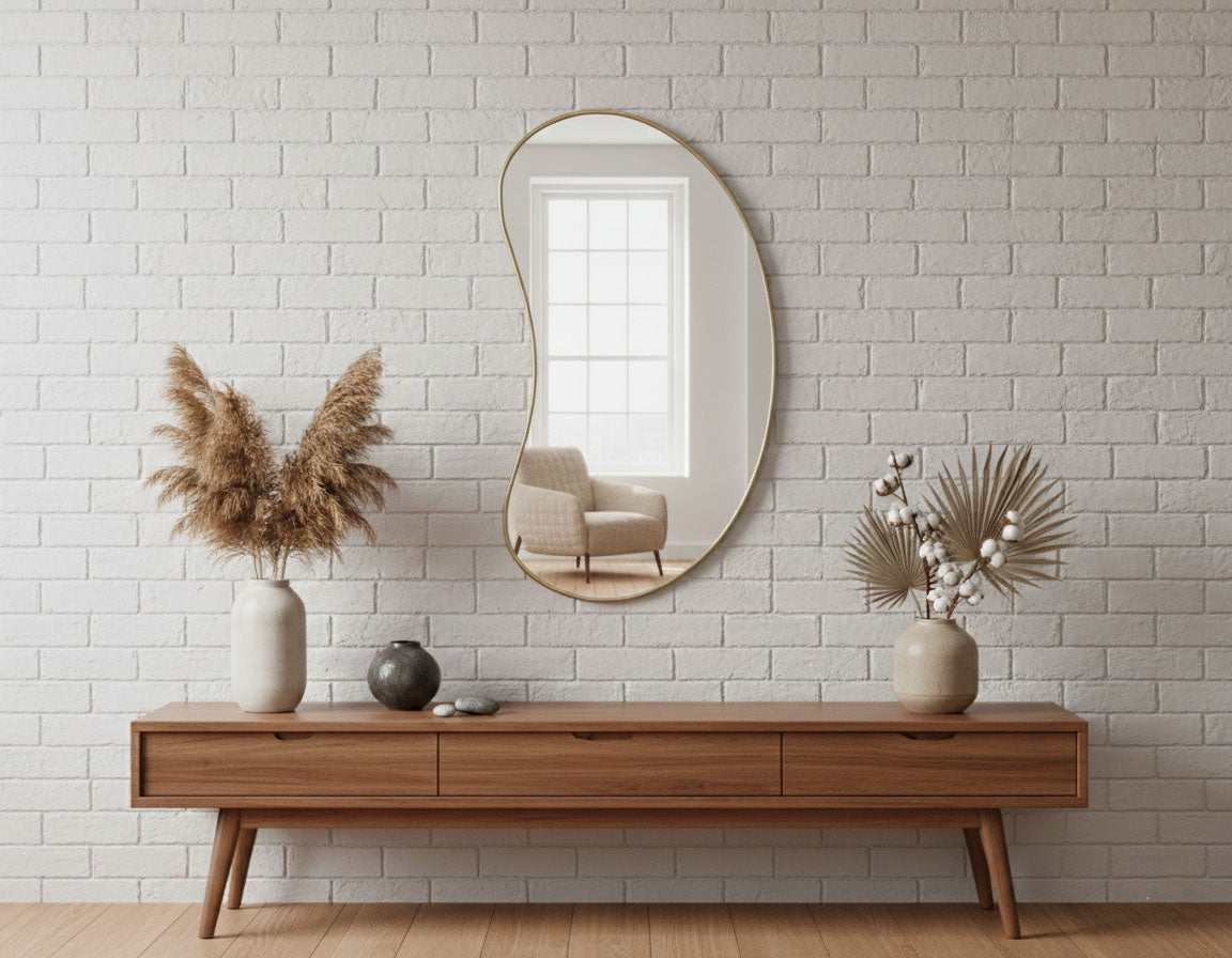 Varaudu Bean Curve Mirror Brass Wall Mirror - Antique Brass Bathroom Mirror, Vanity Wall Decor