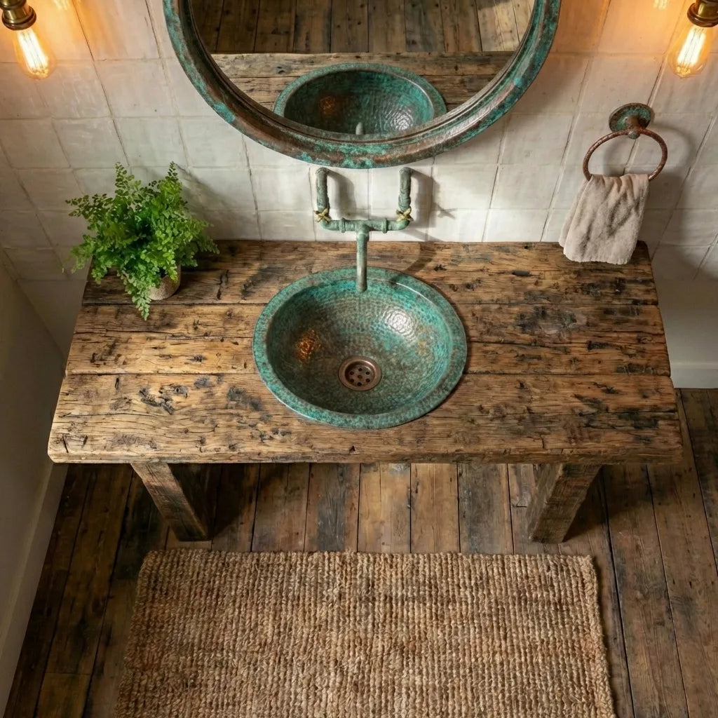 Hammered Green Patina Copper Drop-In Sink – Oxidized Bathroom Vessel Basin