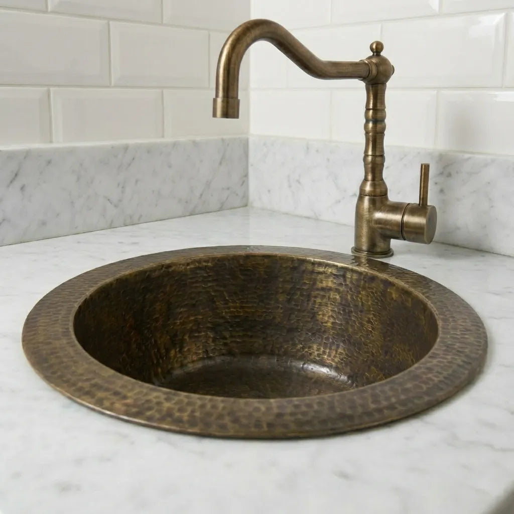 Hammered Antique Brass Bar Sink – Solid Round Drop-In Prep Sink with Aged Patina Finish