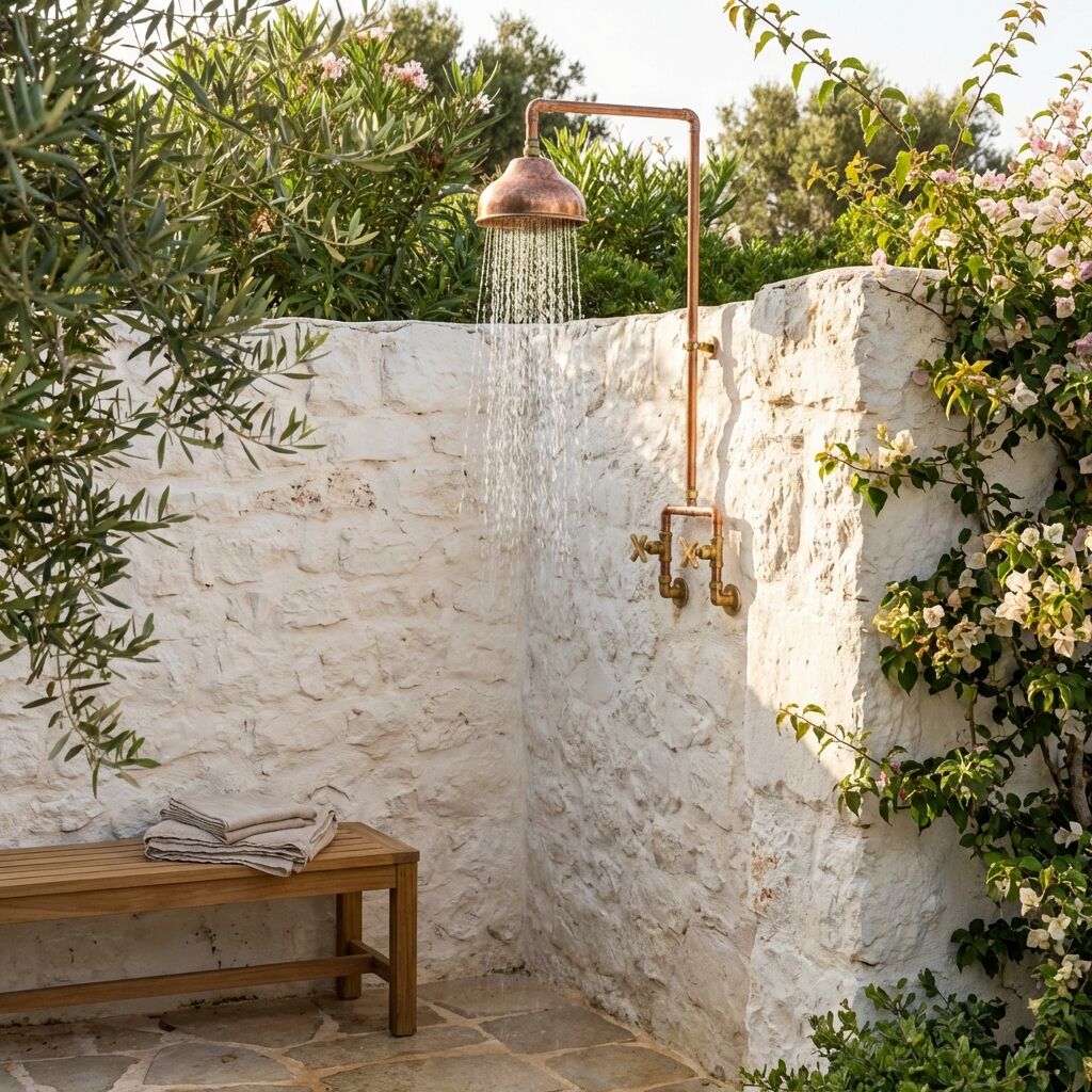 Handcrafted Outdoor Copper Rain Shower – Wall-Mounted Rustic Shower with Cross Handles