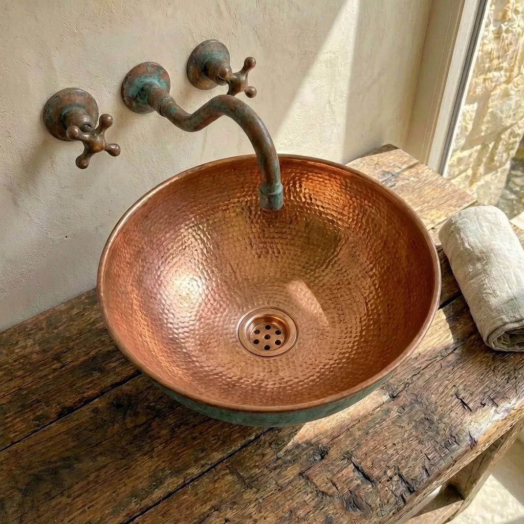 Oxidized Copper vessel sink Bathroom, Green Copper Wash Basin Sink Bathroom