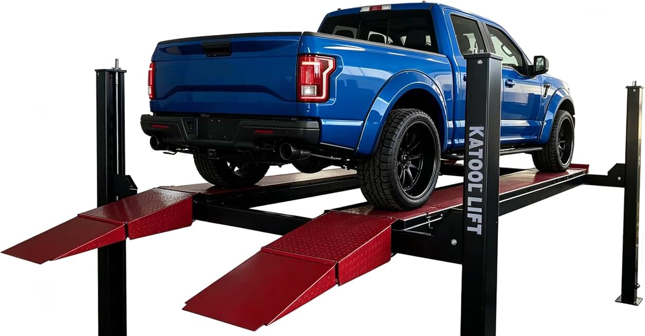KATOOL 4M110PA 11000Lbs Pneumatic Unlocking | 78.74inches Lift Height Extra Alignment and Parking 4 Post Lift with 7000Lbs Rolling Jack and caster Tall Extra for SUV 110v