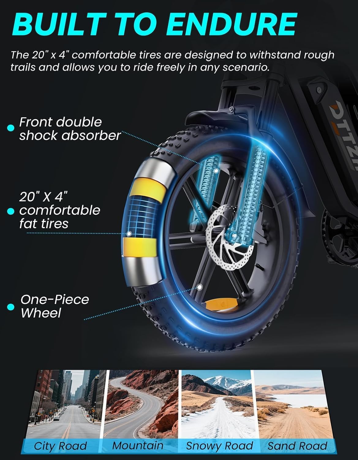 Electric Bicycle with Removable Battery, Dual Suspension, 7-Speed Gears, 20-Inch Fat Tires, LCD Display, Adult Use