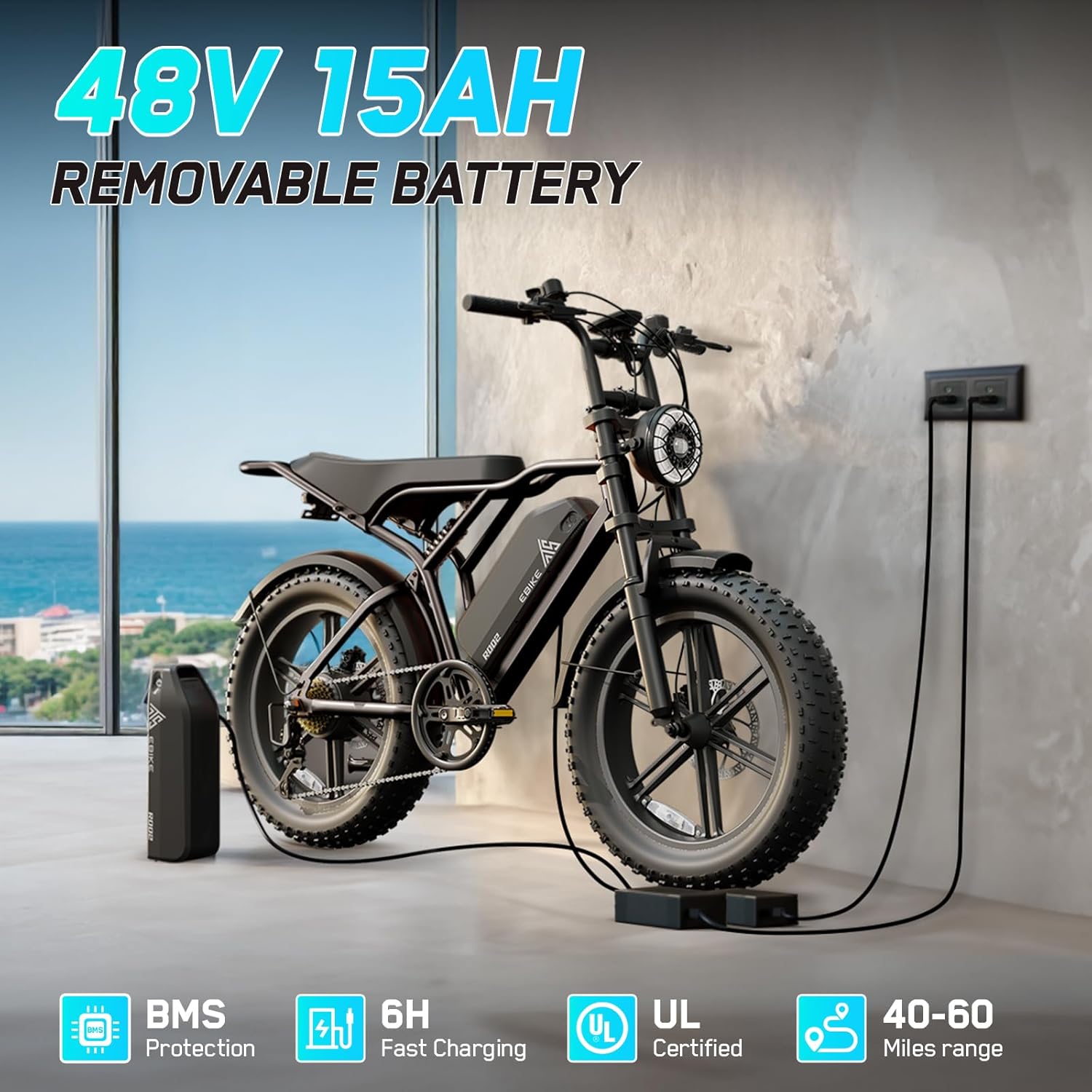 Electric Bicycle with Removable 48V Battery, Dual Suspension, 7-Speed Gears, 20-Inch Fat Tires, LCD Display