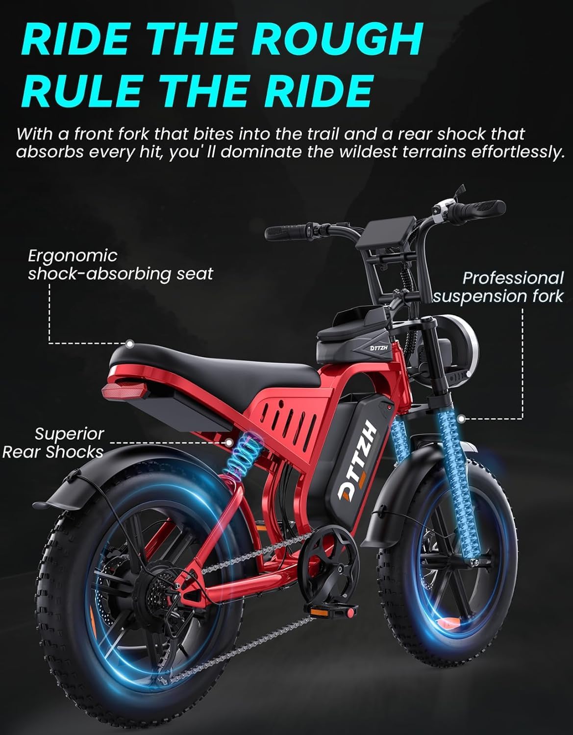 Electric Bicycle with Removable Battery, Dual Suspension, 7-Speed Gears, 20-Inch Fat Tires, LCD Display, Adult Use