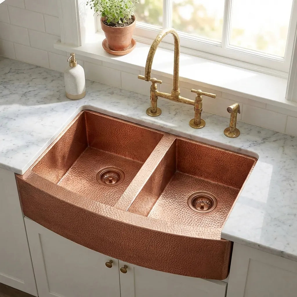 Double-Bowl Hammered Copper Farmhouse Kitchen Sink - Kova