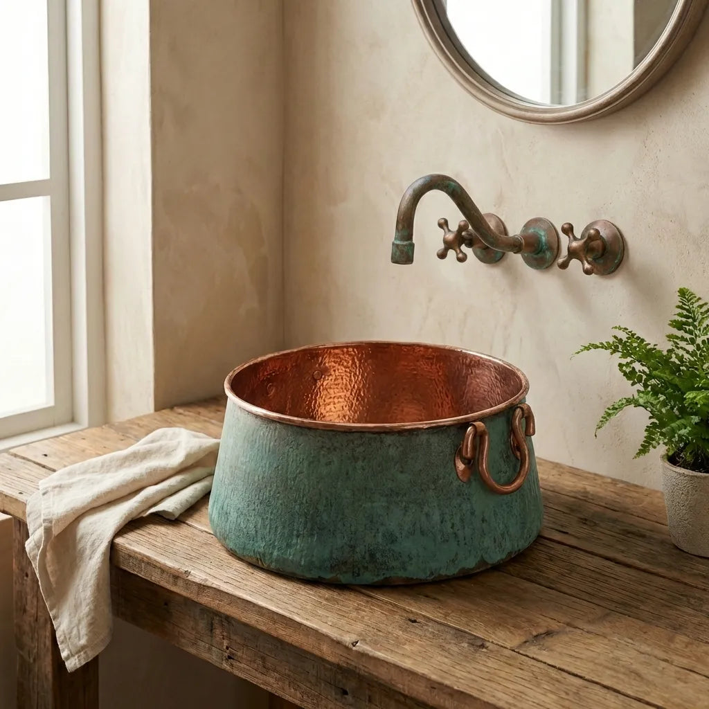 Bucket Vessel Sink Green patina Copper Bathroom Sink with Handles