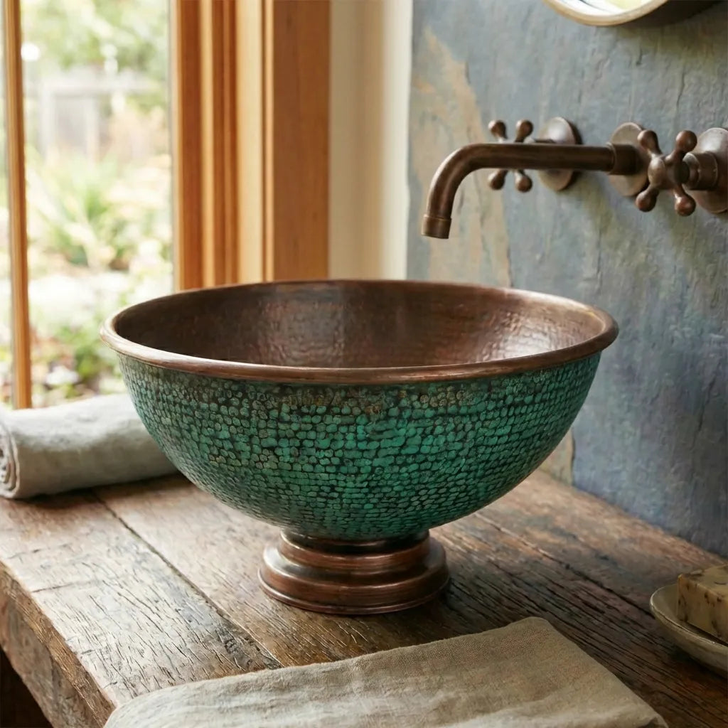 Handcrafted Hammered Copper Sink Vessel, Green Patina Round Countertop Basin