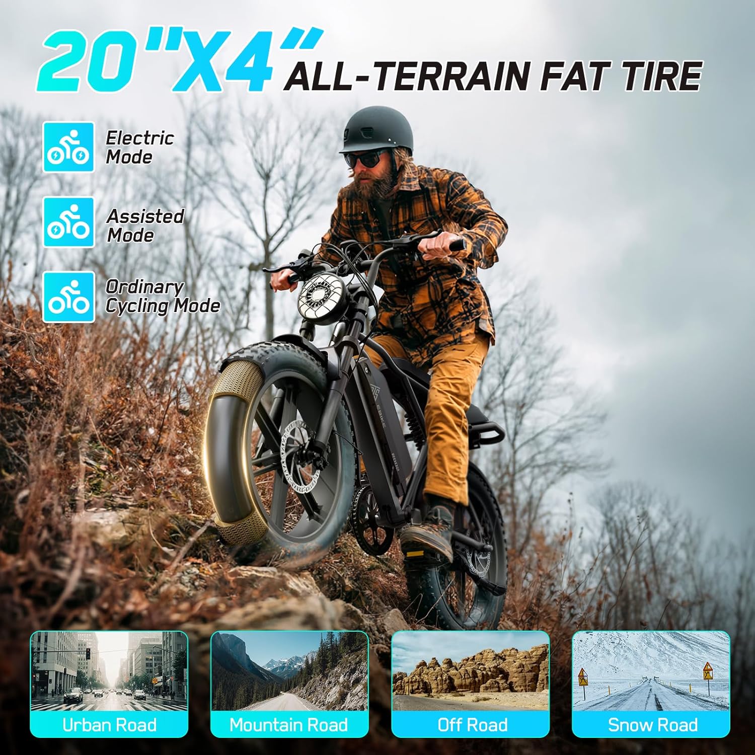 Electric Bicycle with Removable 48V Battery, Dual Suspension, 7-Speed Gears, 20-Inch Fat Tires, LCD Display