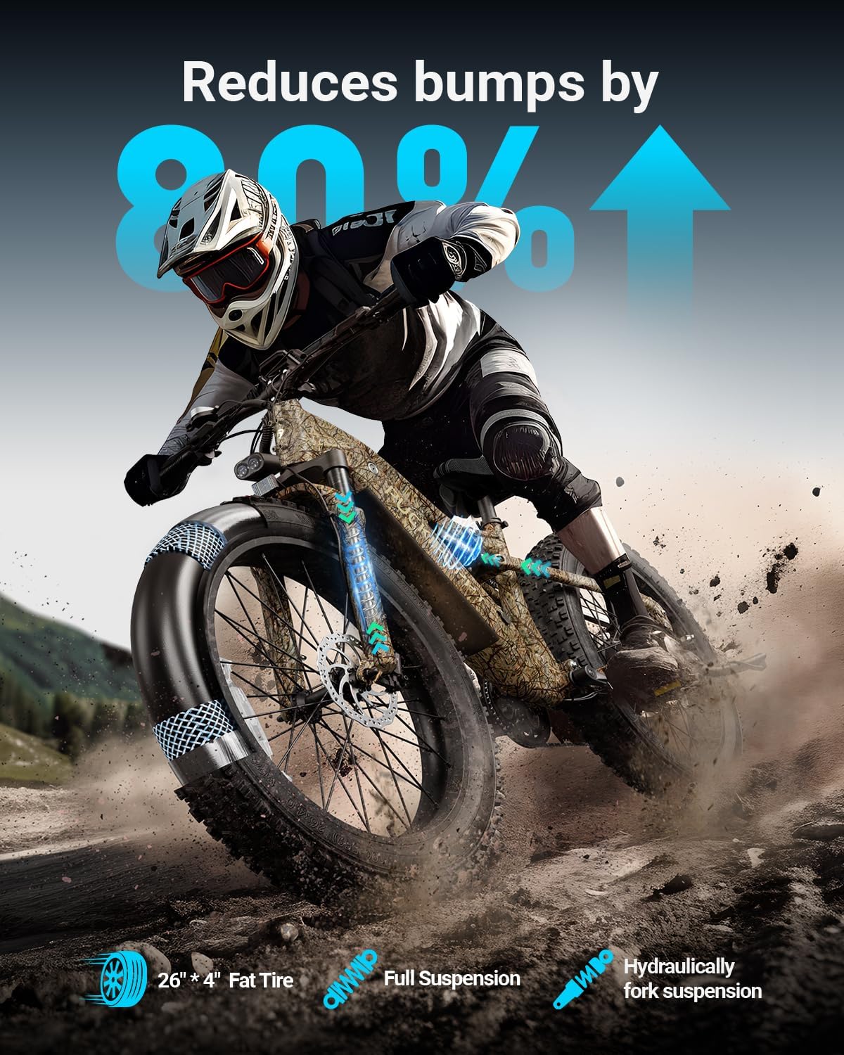 Electric Bicycle with Removable 48V Battery, Full Suspension, 7-Speed Gears, 26-Inch Fat Tires