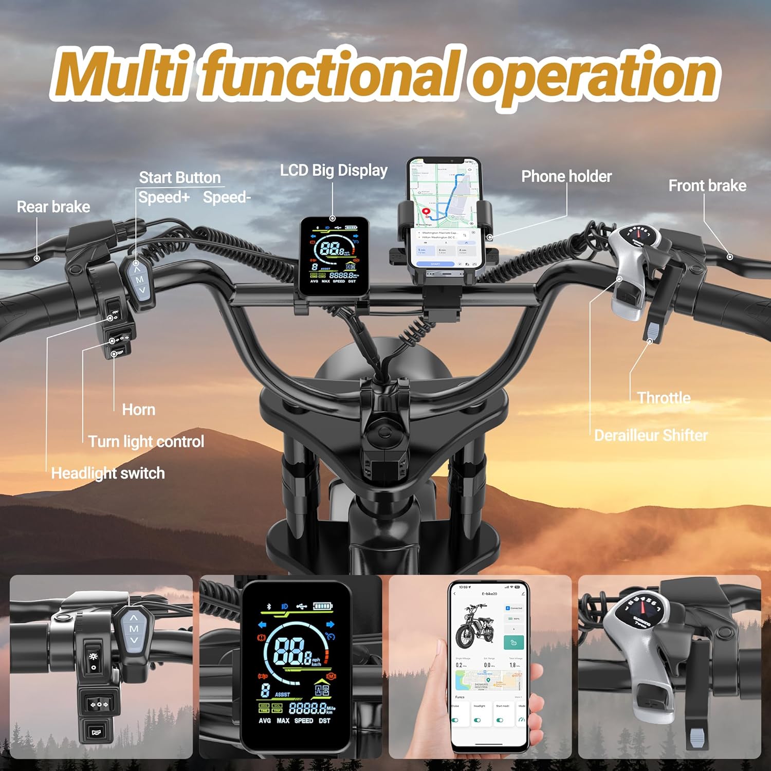 Electric Bicycle with Removable 48V Battery, Dual Suspension, 7-Speed Gears, 20-Inch Wheels, Rear Seat