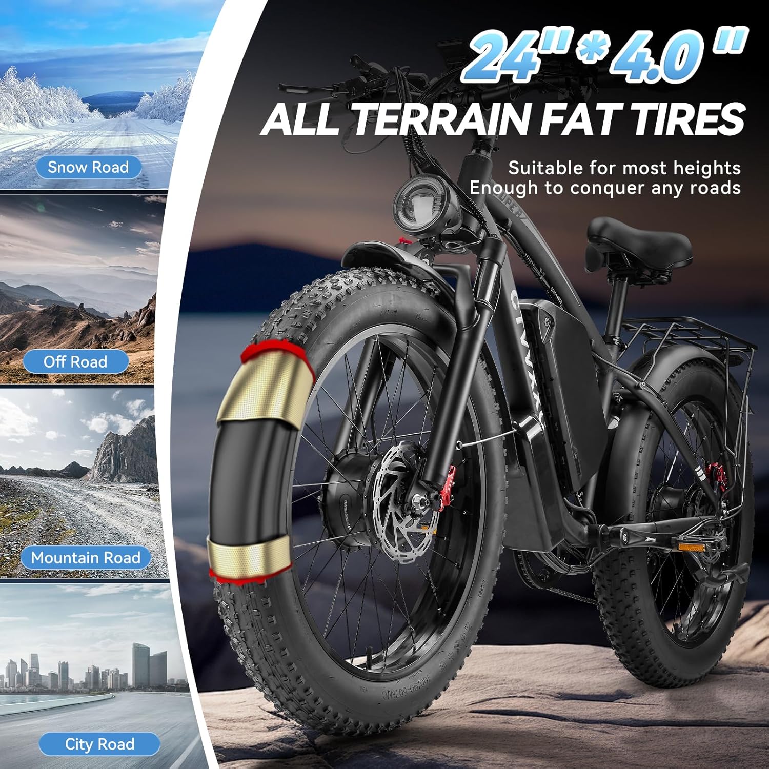 Electric Bicycle with Dual Assist, Removable 52V Battery, 7-Speed Gears, 24-Inch Fat Tires