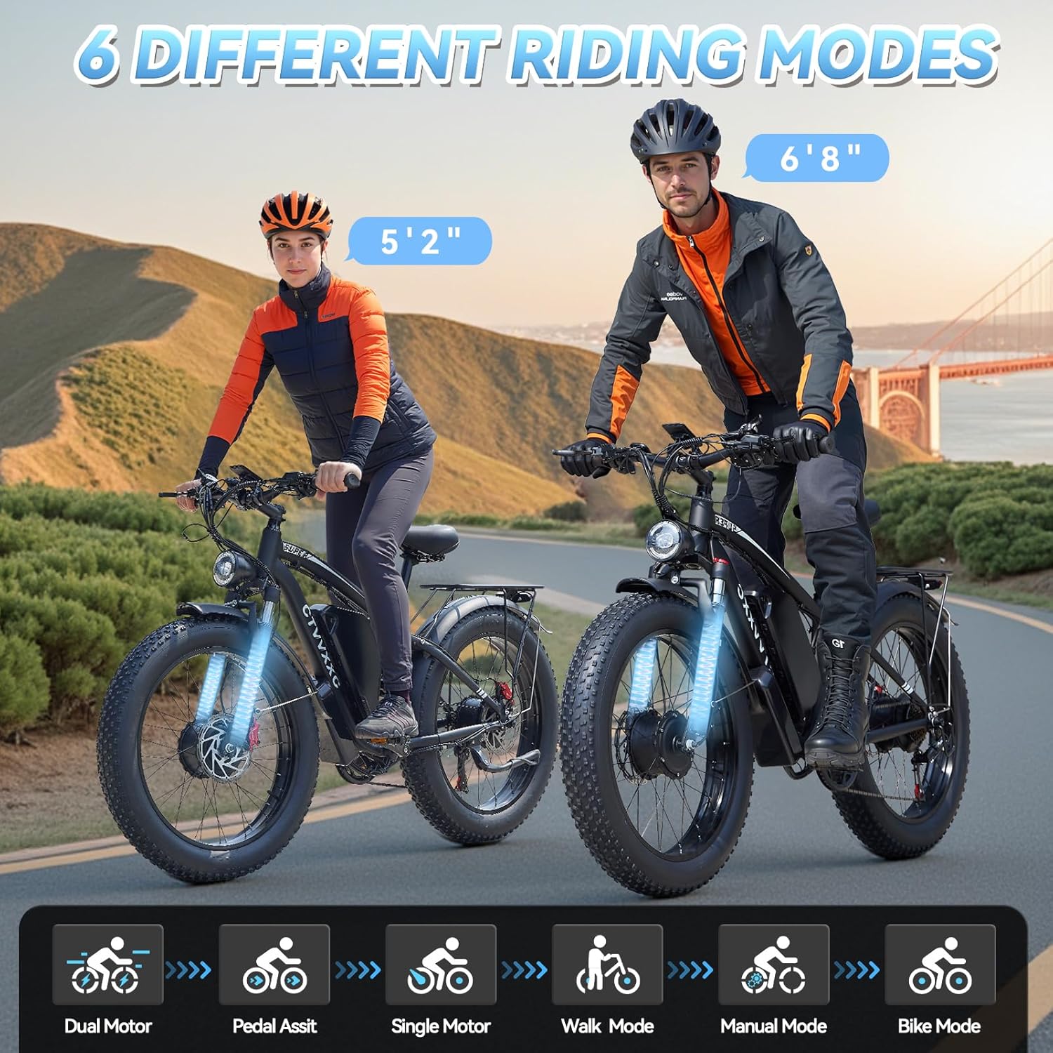 Electric Bicycle with Dual Assist, Removable 52V Battery, 7-Speed Gears, 24-Inch Fat Tires