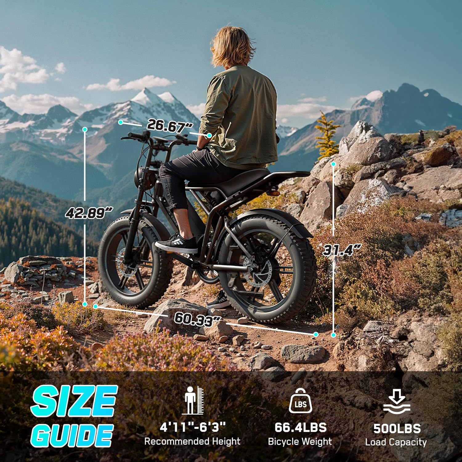 Electric Bicycle with Removable 48V Battery, Dual Suspension, 7-Speed Gears, 20-Inch Fat Tires, LCD Display