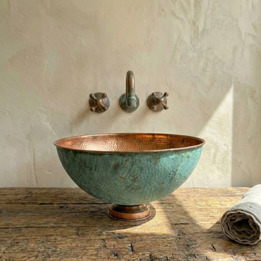 Oxidized Copper vessel sink Bathroom, Green Copper Wash Basin Sink Bathroom