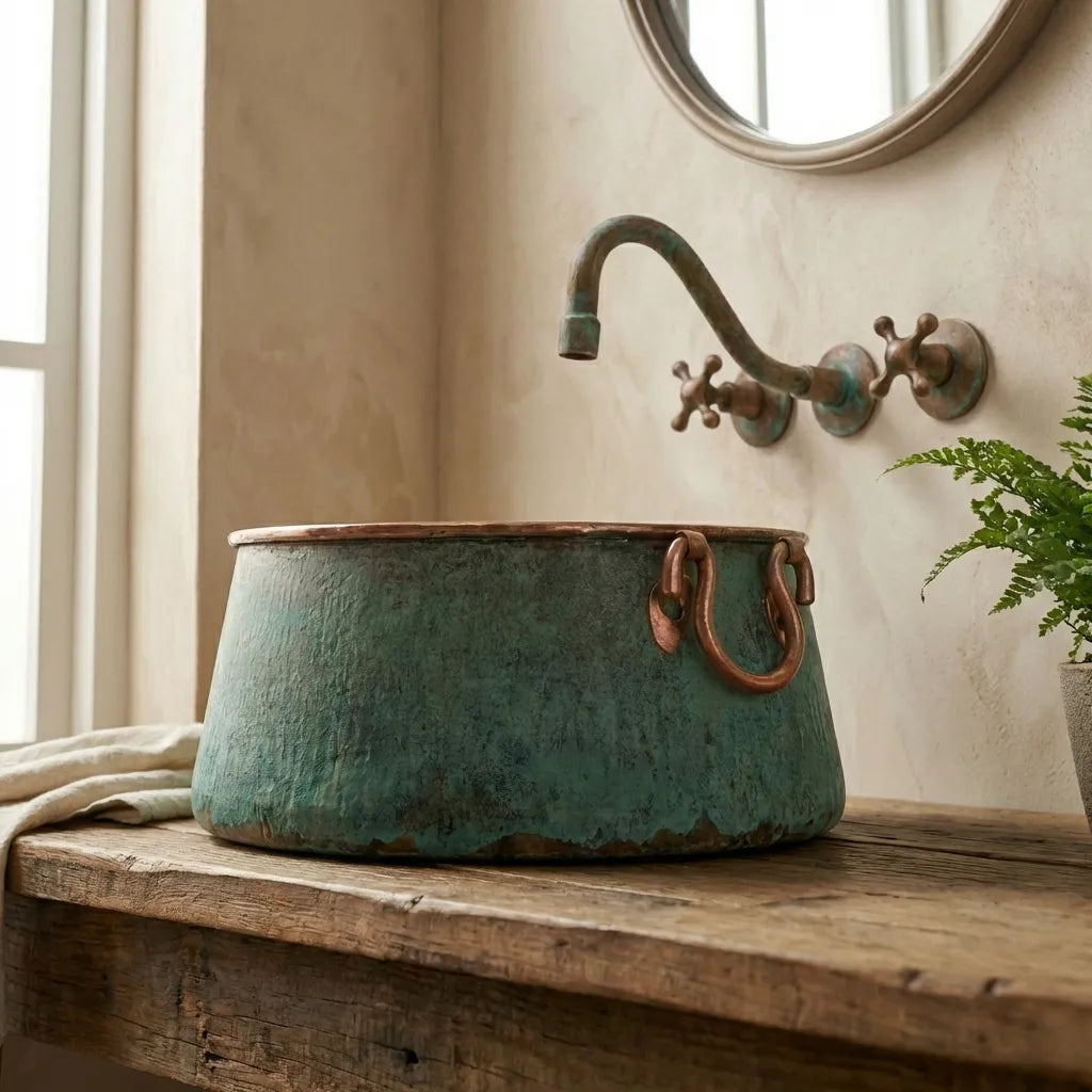Bucket Vessel Sink Green patina Copper Bathroom Sink with Handles