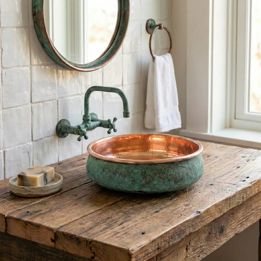 Hammered Copper Vessel Sink – Oxidized Verdigris Bathroom Basin