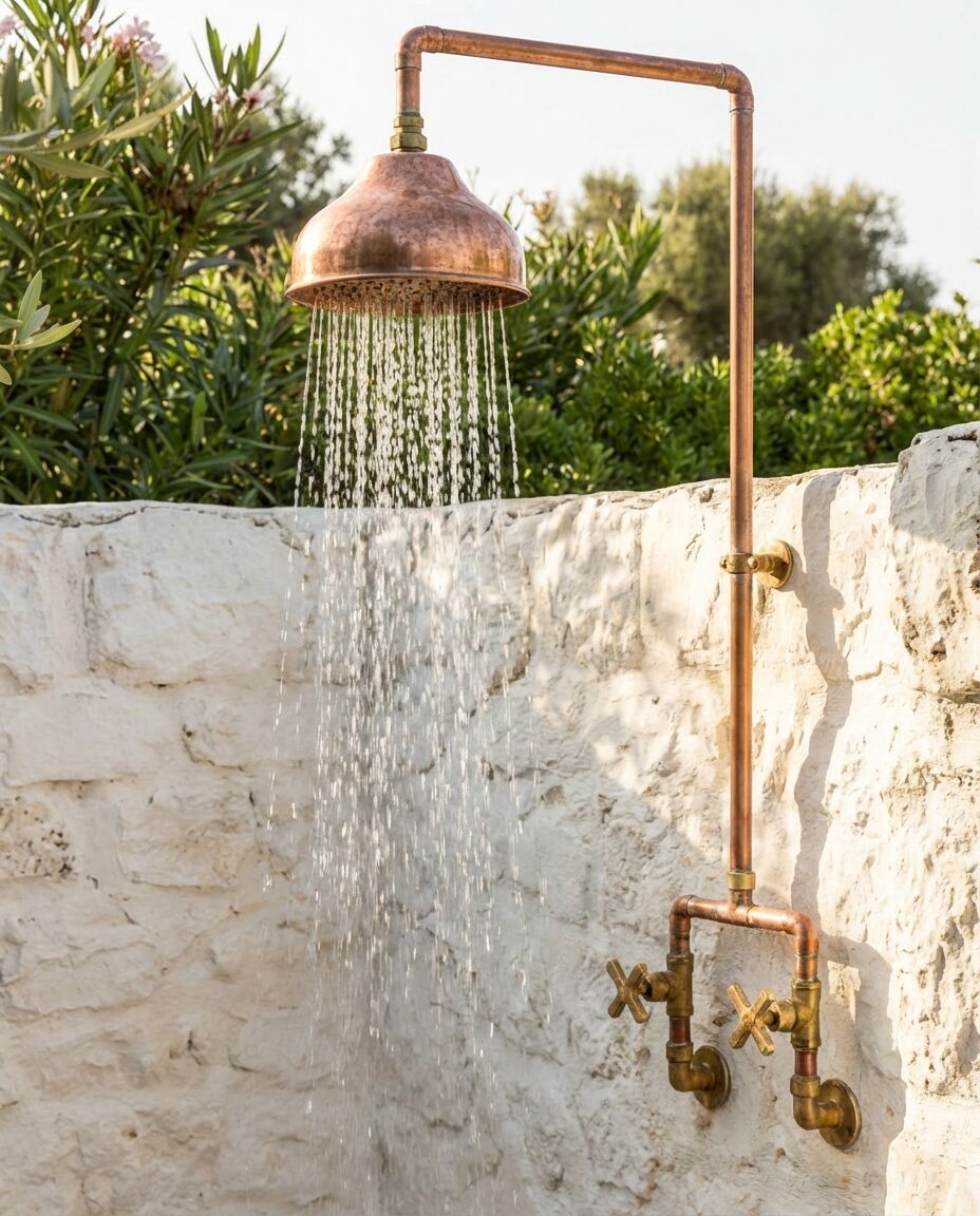 Handcrafted Outdoor Copper Rain Shower – Wall-Mounted Rustic Shower with Cross Handles