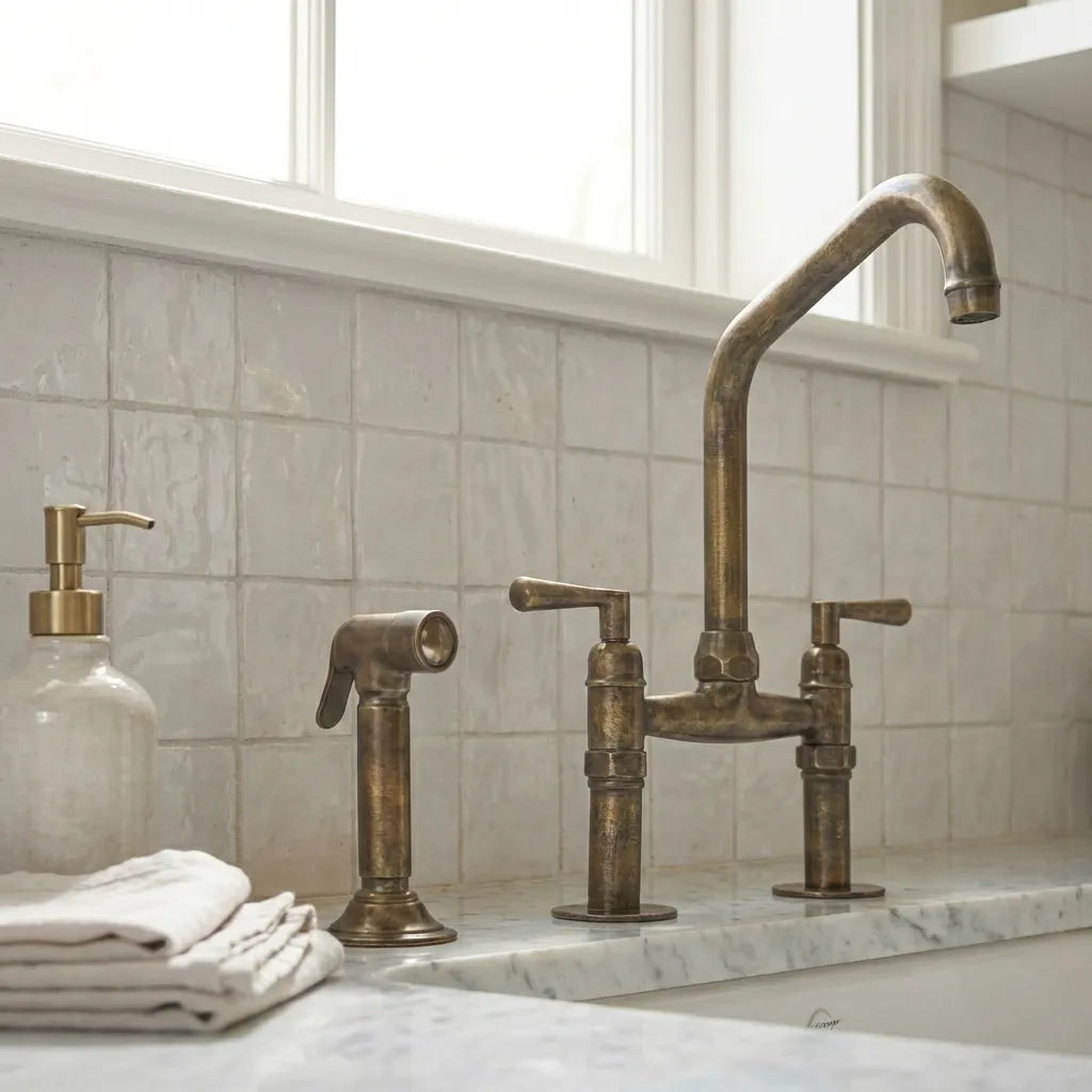 Handmade Antique Brass Bridge Kitchen Faucet