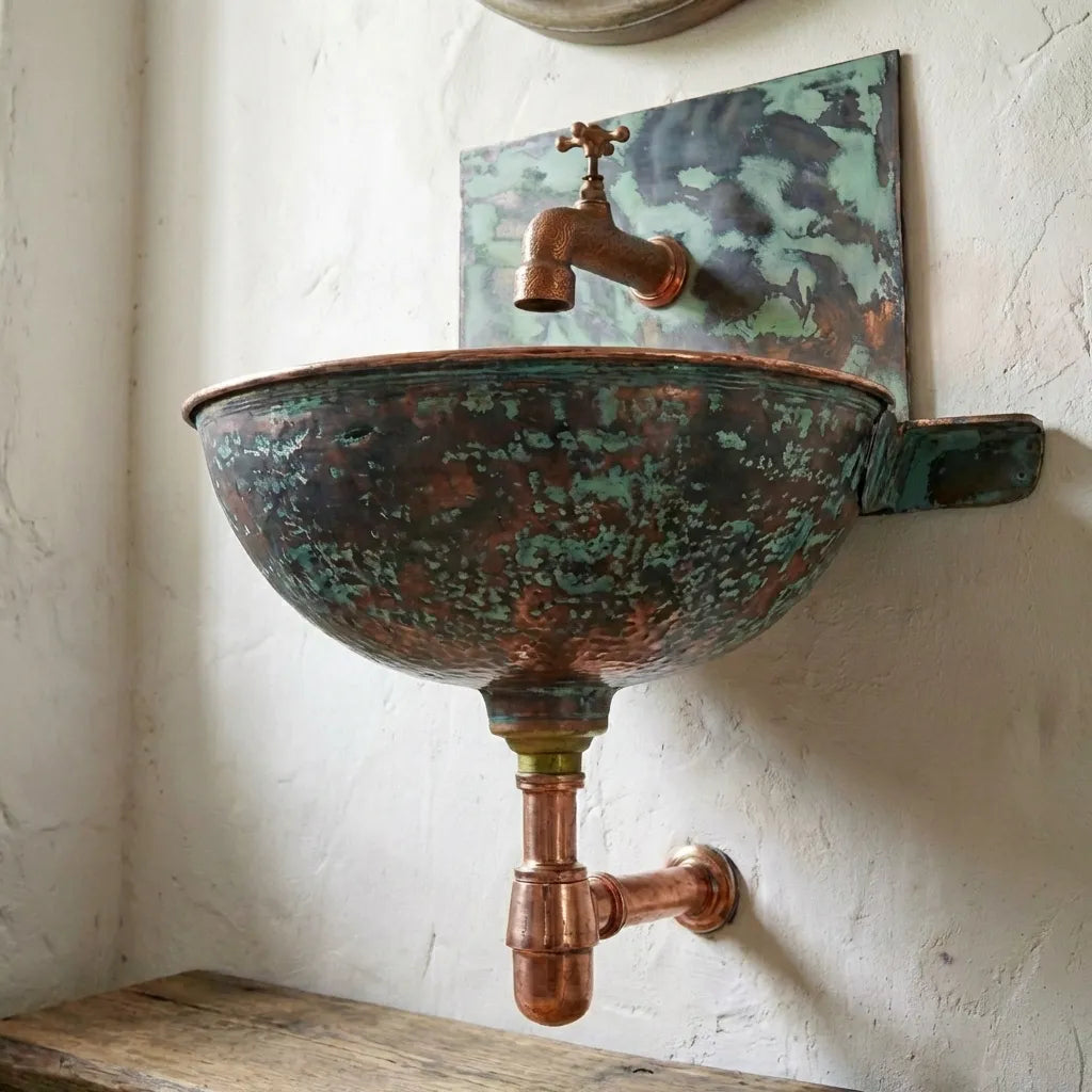 Oxized Copper Wall Hung Sink Bathroom With BackPlate