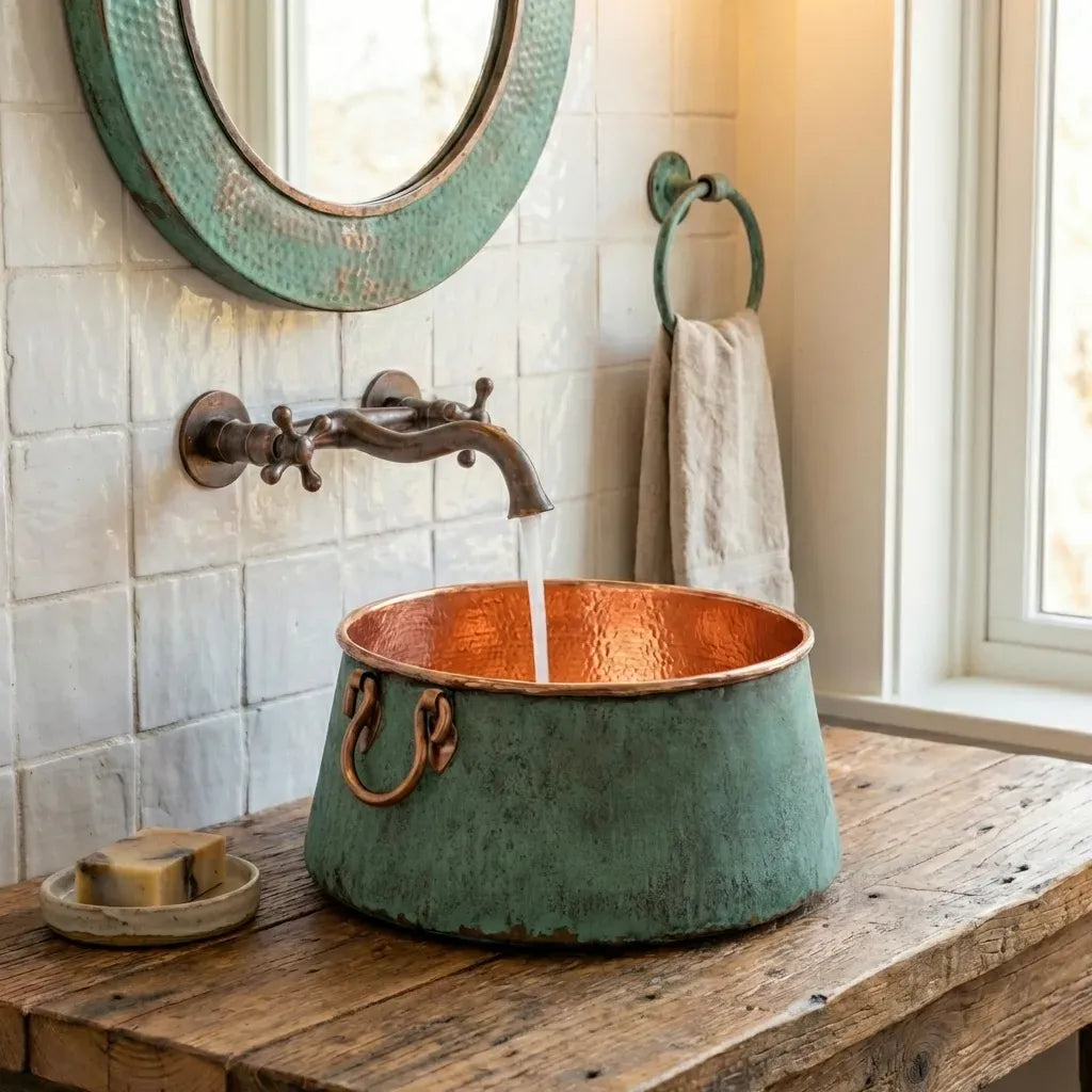 Oxidized Copper Bucket Vessel Sink – Handmade Bathroom Washbasin