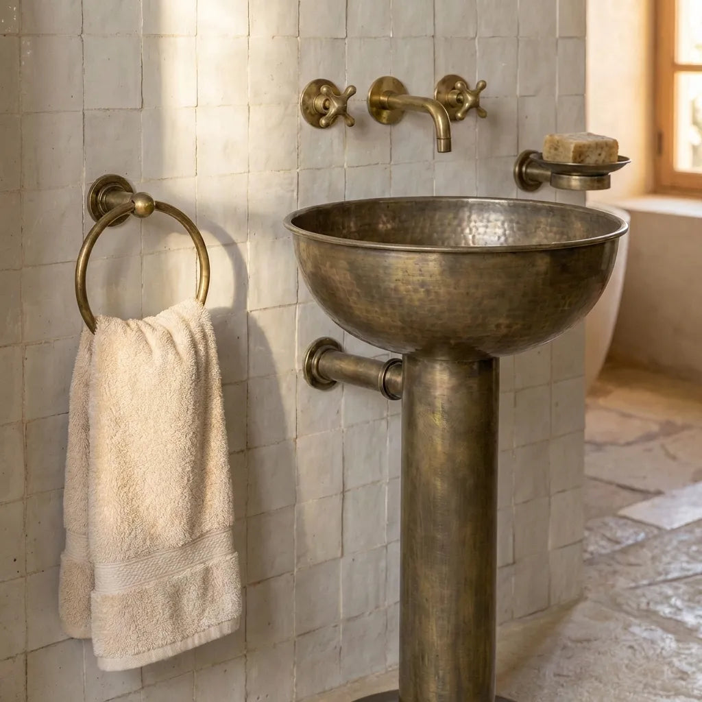 Vintage Hammered Patina Brass Pedestal Sink